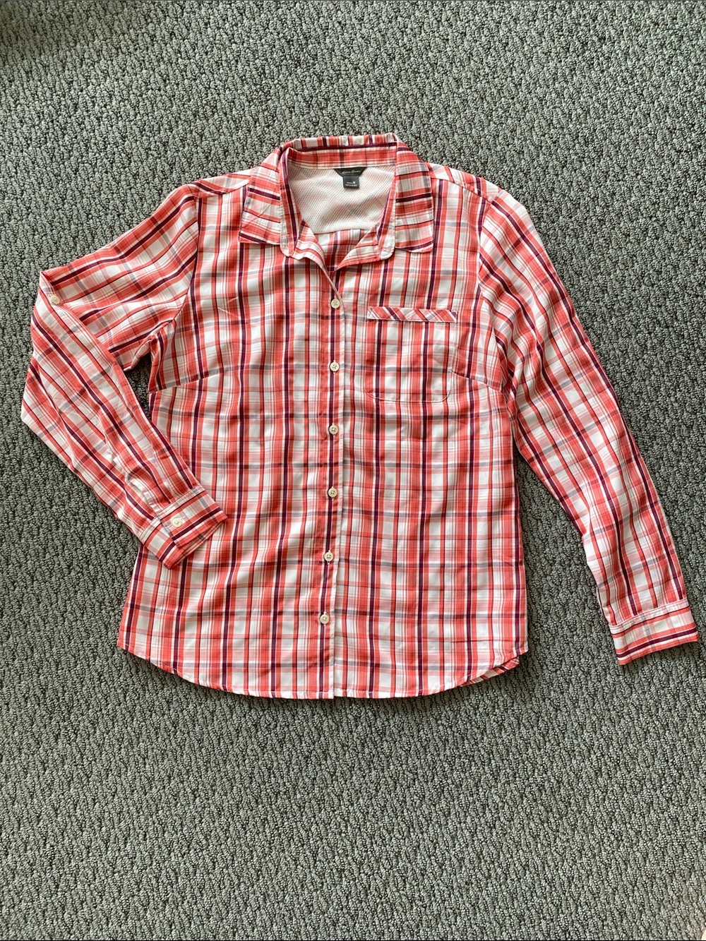 Eddie Bauer coral/burgundy/white Plaid Button-Up Shirt